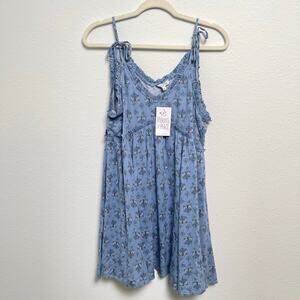 Patrons of Peace Blue Floral Babydoll Mini Dress Tie Shoulder Boho Rayon Size L